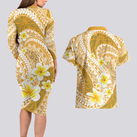 Plumeria Polynesian Gold Glitter Pattern Couples Matching Long Sleeve Bodycon Dress and Hawaiian Shirt LT01 - Polynesian Pride