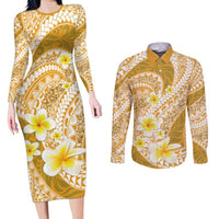 Plumeria Polynesian Gold Glitter Pattern Couples Matching Long Sleeve Bodycon Dress and Long Sleeve Button Shirt LT01 Gold - Polynesian Pride