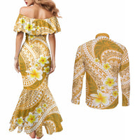 Plumeria Polynesian Gold Glitter Pattern Couples Matching Mermaid Dress and Long Sleeve Button Shirt LT01 - Polynesian Pride
