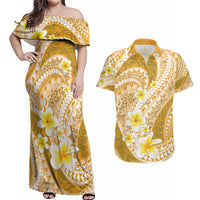 Plumeria Polynesian Gold Glitter Pattern Couples Matching Off Shoulder Maxi Dress and Hawaiian Shirt LT01 Gold - Polynesian Pride