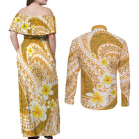 Plumeria Polynesian Gold Glitter Pattern Couples Matching Off Shoulder Maxi Dress and Long Sleeve Button Shirt LT01 - Polynesian Pride