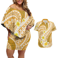 Plumeria Polynesian Gold Glitter Pattern Couples Matching Off Shoulder Short Dress and Hawaiian Shirt LT01 Gold - Polynesian Pride