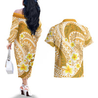 Plumeria Polynesian Gold Glitter Pattern Couples Matching Off The Shoulder Long Sleeve Dress and Hawaiian Shirt LT01 - Polynesian Pride