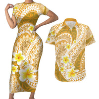 Plumeria Polynesian Gold Glitter Pattern Couples Matching Short Sleeve Bodycon Dress and Hawaiian Shirt LT01 Gold - Polynesian Pride