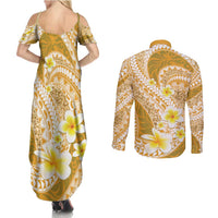 Plumeria Polynesian Gold Glitter Pattern Couples Matching Summer Maxi Dress and Long Sleeve Button Shirt LT01 - Polynesian Pride