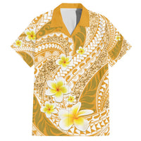 Plumeria Polynesian Gold Glitter Pattern Family Matching Off The Shoulder Long Sleeve Dress and Hawaiian Shirt