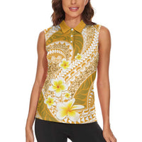Plumeria Polynesian Gold Glitter Pattern Women Sleeveless Polo Shirt