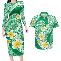Plumeria Polynesian Green Glitter Pattern Couples Matching Long Sleeve Bodycon Dress and Hawaiian Shirt LT01 Green - Polynesian Pride