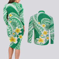 Plumeria Polynesian Green Glitter Pattern Couples Matching Long Sleeve Bodycon Dress and Long Sleeve Button Shirt LT01 - Polynesian Pride