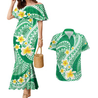 Plumeria Polynesian Green Glitter Pattern Couples Matching Mermaid Dress and Hawaiian Shirt LT01 Green - Polynesian Pride