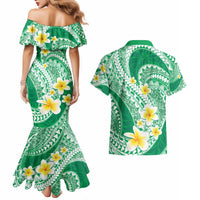 Plumeria Polynesian Green Glitter Pattern Couples Matching Mermaid Dress and Hawaiian Shirt LT01 - Polynesian Pride