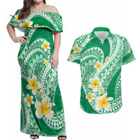 Plumeria Polynesian Green Glitter Pattern Couples Matching Off Shoulder Maxi Dress and Hawaiian Shirt LT01 Green - Polynesian Pride