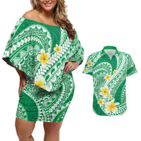 Plumeria Polynesian Green Glitter Pattern Couples Matching Off Shoulder Short Dress and Hawaiian Shirt LT01 Green - Polynesian Pride