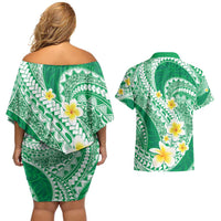 Plumeria Polynesian Green Glitter Pattern Couples Matching Off Shoulder Short Dress and Hawaiian Shirt LT01 - Polynesian Pride