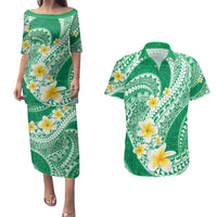 Plumeria Polynesian Green Glitter Pattern Couples Matching Puletasi and Hawaiian Shirt LT01 Green - Polynesian Pride