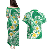 Plumeria Polynesian Green Glitter Pattern Couples Matching Puletasi and Hawaiian Shirt LT01 - Polynesian Pride