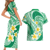 Plumeria Polynesian Green Glitter Pattern Couples Matching Short Sleeve Bodycon Dress and Hawaiian Shirt LT01 - Polynesian Pride