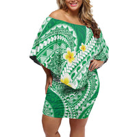 Plumeria Polynesian Green Glitter Pattern Family Matching Off Shoulder Short Dress and Hawaiian Shirt LT01 Mom's Dress Green - Polynesian Pride