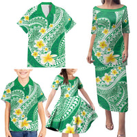Plumeria Polynesian Green Glitter Pattern Family Matching Puletasi and Hawaiian Shirt LT01 - Polynesian Pride