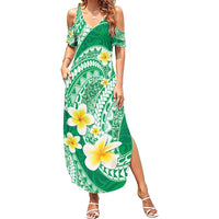 Plumeria Polynesian Green Glitter Pattern Summer Maxi Dress LT01 Women Green - Polynesian Pride