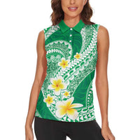 Plumeria Polynesian Green Glitter Pattern Women Sleeveless Polo Shirt