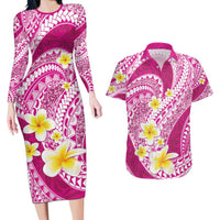 Plumeria Polynesian Pink Glitter Pattern Couples Matching Long Sleeve Bodycon Dress and Hawaiian Shirt LT01 Pink - Polynesian Pride