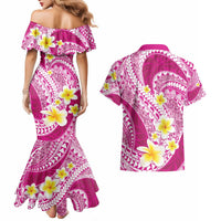 Plumeria Polynesian Pink Glitter Pattern Couples Matching Mermaid Dress and Hawaiian Shirt LT01 - Polynesian Pride