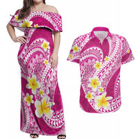 Plumeria Polynesian Pink Glitter Pattern Couples Matching Off Shoulder Maxi Dress and Hawaiian Shirt LT01 Pink - Polynesian Pride
