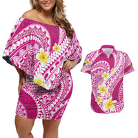 Plumeria Polynesian Pink Glitter Pattern Couples Matching Off Shoulder Short Dress and Hawaiian Shirt LT01 Pink - Polynesian Pride