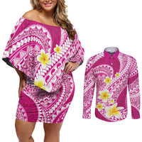 Plumeria Polynesian Pink Glitter Pattern Couples Matching Off Shoulder Short Dress and Long Sleeve Button Shirt LT01 Pink - Polynesian Pride