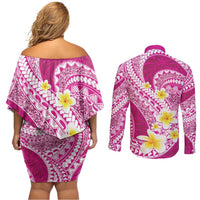 Plumeria Polynesian Pink Glitter Pattern Couples Matching Off Shoulder Short Dress and Long Sleeve Button Shirt LT01 - Polynesian Pride