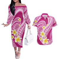 Plumeria Polynesian Pink Glitter Pattern Couples Matching Off The Shoulder Long Sleeve Dress and Hawaiian Shirt LT01 Pink - Polynesian Pride