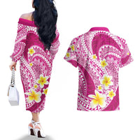 Plumeria Polynesian Pink Glitter Pattern Couples Matching Off The Shoulder Long Sleeve Dress and Hawaiian Shirt LT01 - Polynesian Pride