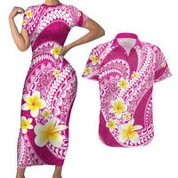 Plumeria Polynesian Pink Glitter Pattern Couples Matching Short Sleeve Bodycon Dress and Hawaiian Shirt LT01 Pink - Polynesian Pride