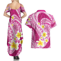 Plumeria Polynesian Pink Glitter Pattern Couples Matching Summer Maxi Dress and Hawaiian Shirt LT01 - Polynesian Pride