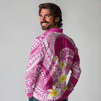 Plumeria Polynesian Pink Glitter Pattern Long Sleeve Polo Shirt