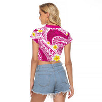 Plumeria Polynesian Pink Glitter Pattern Raglan Cropped T Shirt LT01 - Polynesian Pride