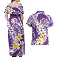 Plumeria Polynesian Purple Glitter Pattern Couples Matching Off Shoulder Maxi Dress and Hawaiian Shirt LT01 - Polynesian Pride