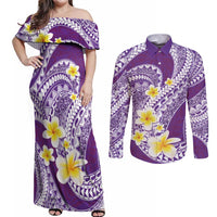 Plumeria Polynesian Purple Glitter Pattern Couples Matching Off Shoulder Maxi Dress and Long Sleeve Button Shirt LT01 Purple - Polynesian Pride