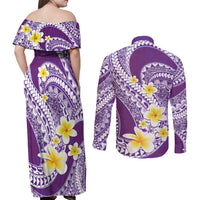 Plumeria Polynesian Purple Glitter Pattern Couples Matching Off Shoulder Maxi Dress and Long Sleeve Button Shirt LT01 - Polynesian Pride