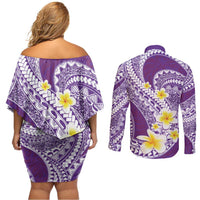 Plumeria Polynesian Purple Glitter Pattern Couples Matching Off Shoulder Short Dress and Long Sleeve Button Shirt LT01 - Polynesian Pride