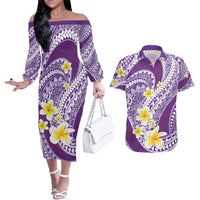 Plumeria Polynesian Purple Glitter Pattern Couples Matching Off The Shoulder Long Sleeve Dress and Hawaiian Shirt LT01 Purple - Polynesian Pride