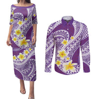 Plumeria Polynesian Purple Glitter Pattern Couples Matching Puletasi and Long Sleeve Button Shirt LT01 Purple - Polynesian Pride