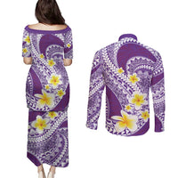 Plumeria Polynesian Purple Glitter Pattern Couples Matching Puletasi and Long Sleeve Button Shirt LT01 - Polynesian Pride