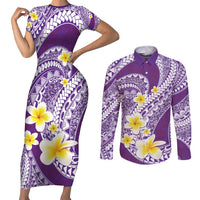 Plumeria Polynesian Purple Glitter Pattern Couples Matching Short Sleeve Bodycon Dress and Long Sleeve Button Shirt LT01 Purple - Polynesian Pride