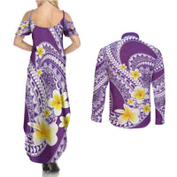 Plumeria Polynesian Purple Glitter Pattern Couples Matching Summer Maxi Dress and Long Sleeve Button Shirt LT01 - Polynesian Pride