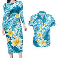 Plumeria Polynesian Sky Blue Glitter Pattern Couples Matching Long Sleeve Bodycon Dress and Hawaiian Shirt LT01 Sky Blue - Polynesian Pride