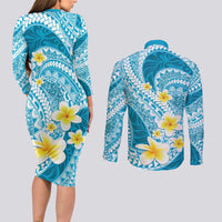 Plumeria Polynesian Sky Blue Glitter Pattern Couples Matching Long Sleeve Bodycon Dress and Long Sleeve Button Shirt LT01 - Polynesian Pride