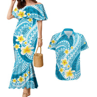 Plumeria Polynesian Sky Blue Glitter Pattern Couples Matching Mermaid Dress and Hawaiian Shirt LT01 Sky Blue - Polynesian Pride