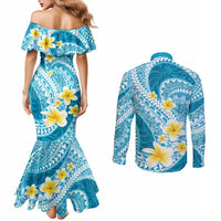 Plumeria Polynesian Sky Blue Glitter Pattern Couples Matching Mermaid Dress and Long Sleeve Button Shirt LT01 - Polynesian Pride